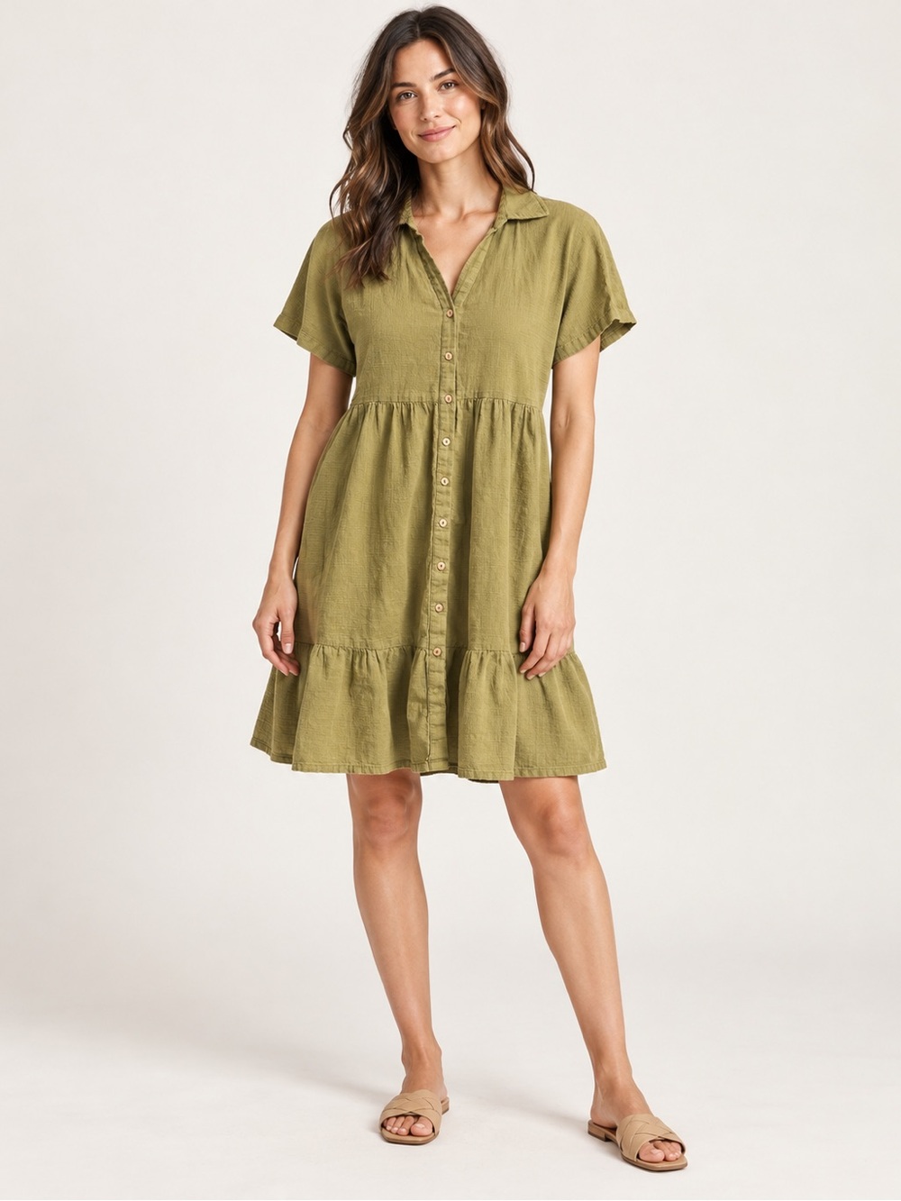 ABLE Ida Shirt Dress Women’s XS Olive Green 100% Cotton Button Front Tiered Mini